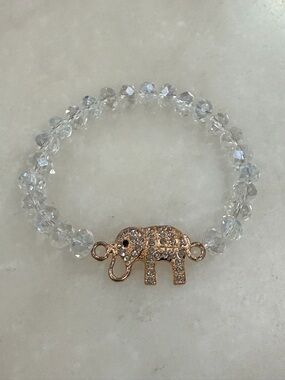 Crystal Bead Elephant Stretch Bracelet - Clear and Gold